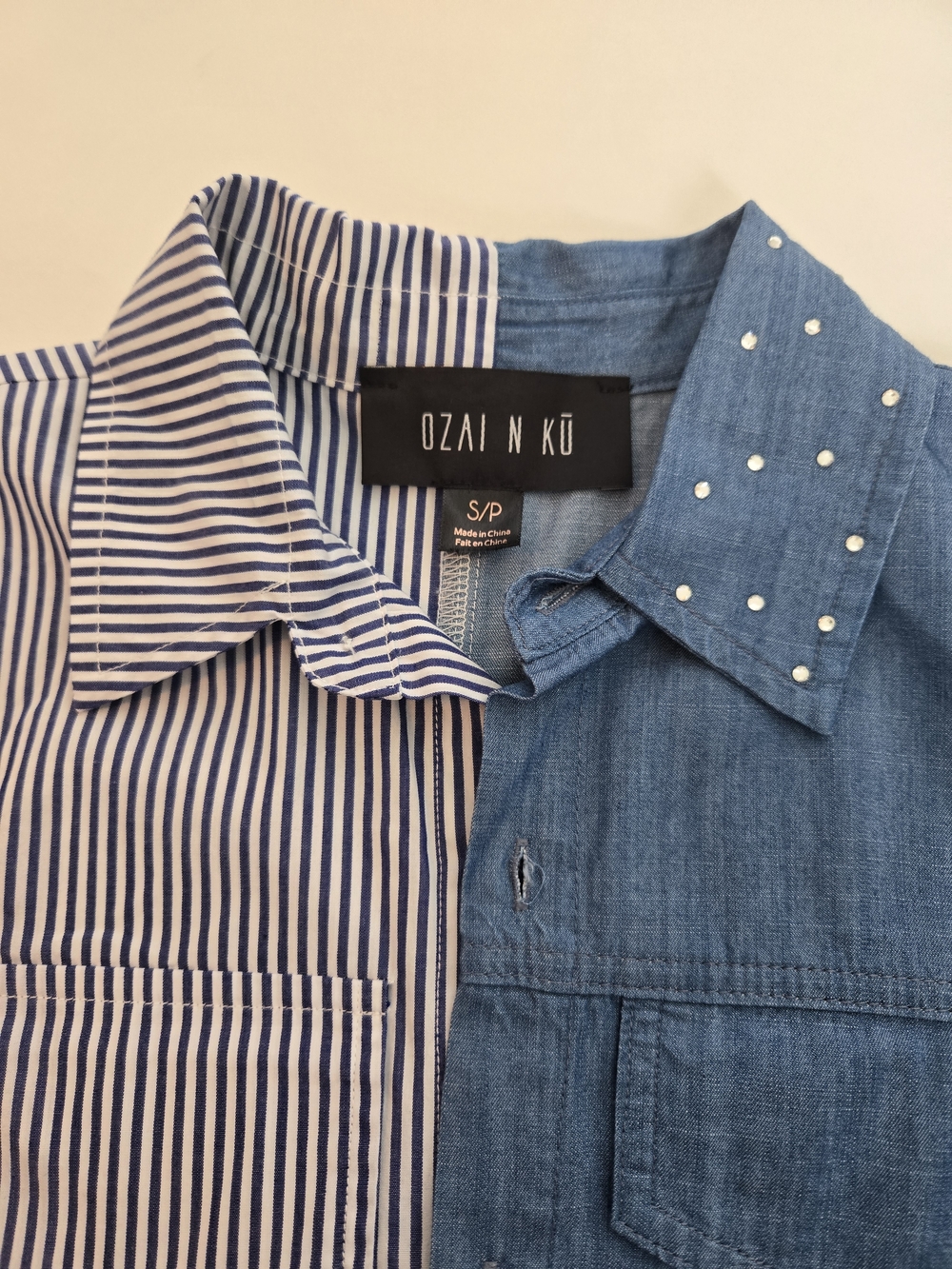 NWOT OZANI N KU Two-Tone Blue Striped & Chambray Button-Down Shirt Womens Size S - Picture 4 of 13